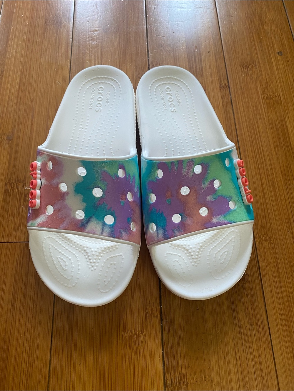 CROCS Kids Tie-Dye Slide Sandals in White with Multi-Color Upper